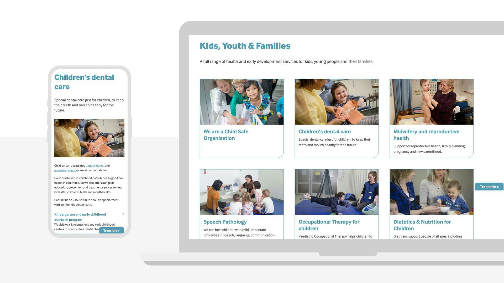 The Kids, Youth & Families hub page on the website