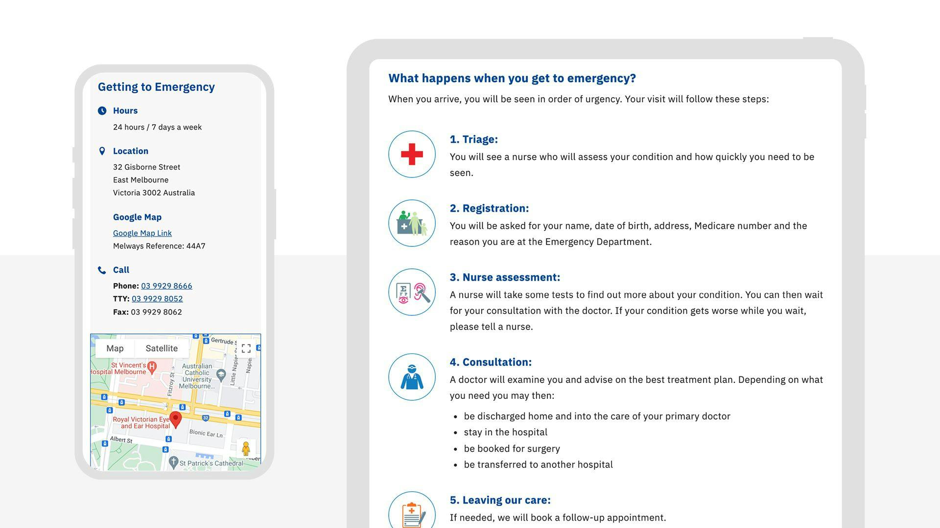 A location page on mobile and a step-by-step guide of what happens in the emergency department