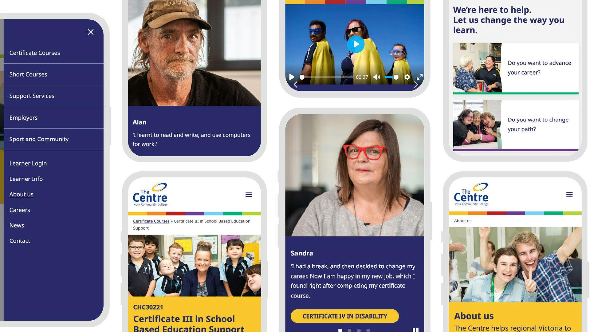Various mobile views of key sections of The Centre website