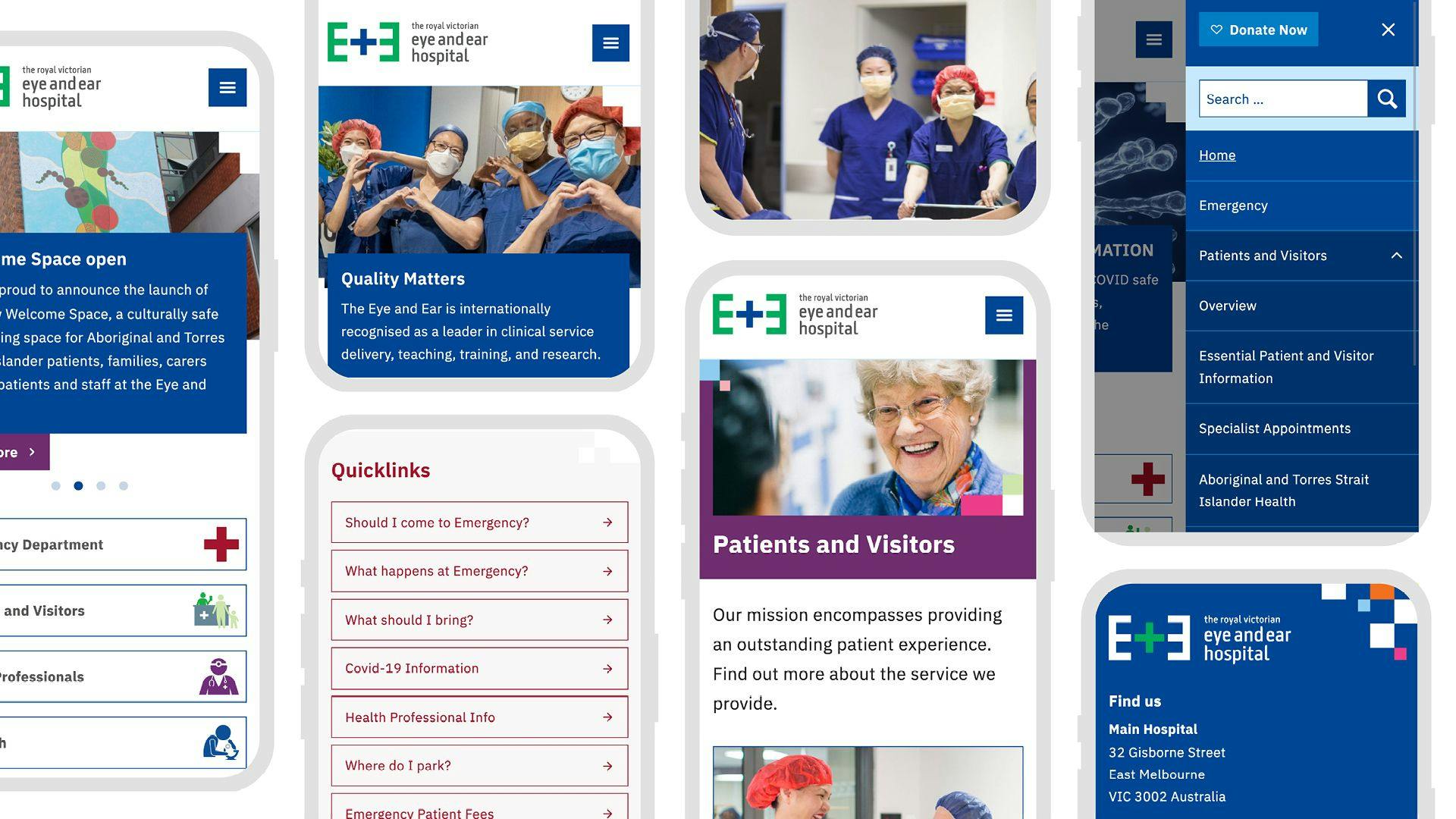 A selection of mobile views from the website showing various pages